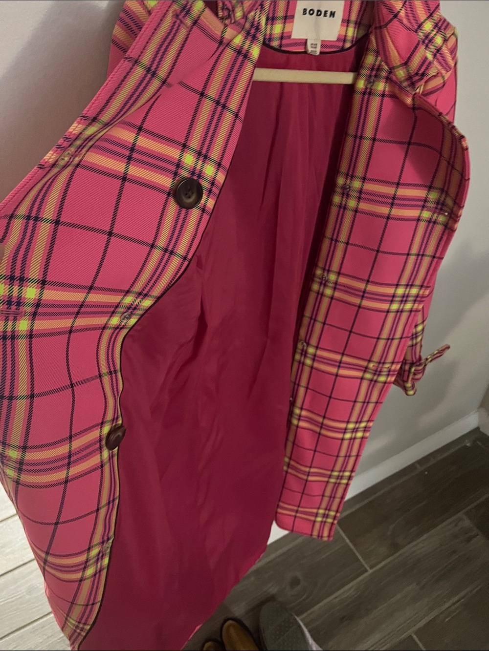 Boden Cheltenham Trench Coat Pink Neon Plaid Check US 2 – $498 Retail - Picture 9 of 9